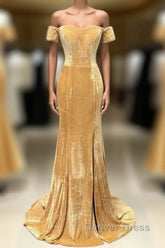 Mermaid Velvet Bridesmaid Dresses Off Shoulder Gold Wedding Formal Dresses